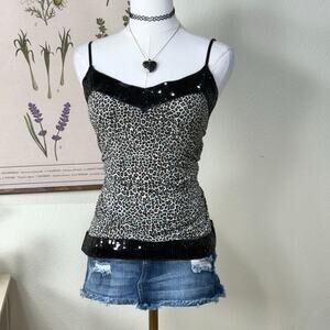 Vintage Y2k Sequin Leopard Cheetah Print Cami Top Gyaru McBling Trashy Bimbo L